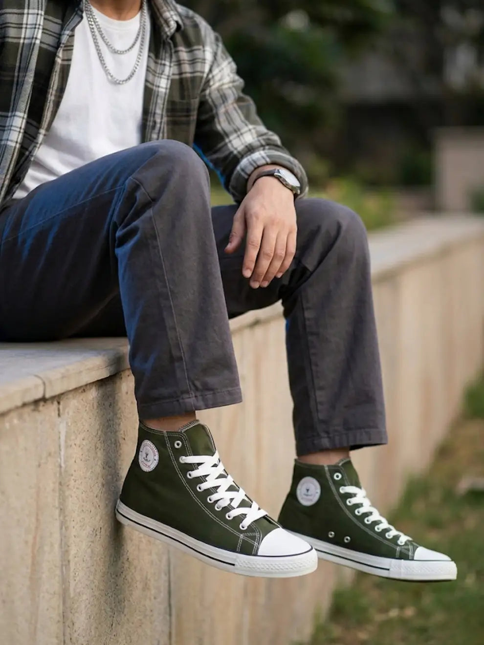 Men's Olive Canvas Vulcansied Skateboard Lace Up Ankle Length Sneaker Shoes (HRL2077OLV)