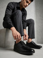 TokyoSole Premium Black Leather Oxford Formal Shoes for Men (HRLFR009BLK)