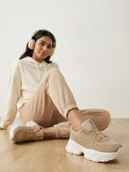 Chunky Mesh & Synthetic Beige Sports Shoes for women