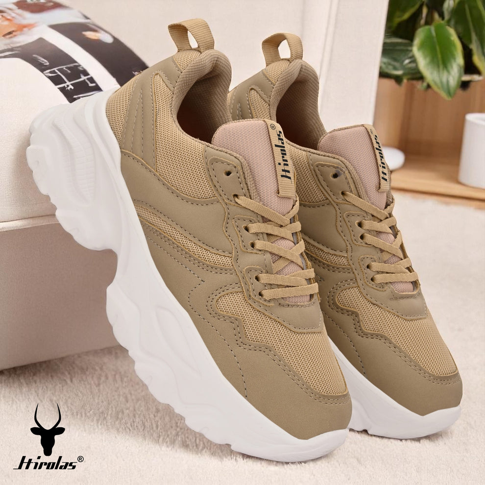 Chunky Mesh & Synthetic Beige Sports Shoes for women