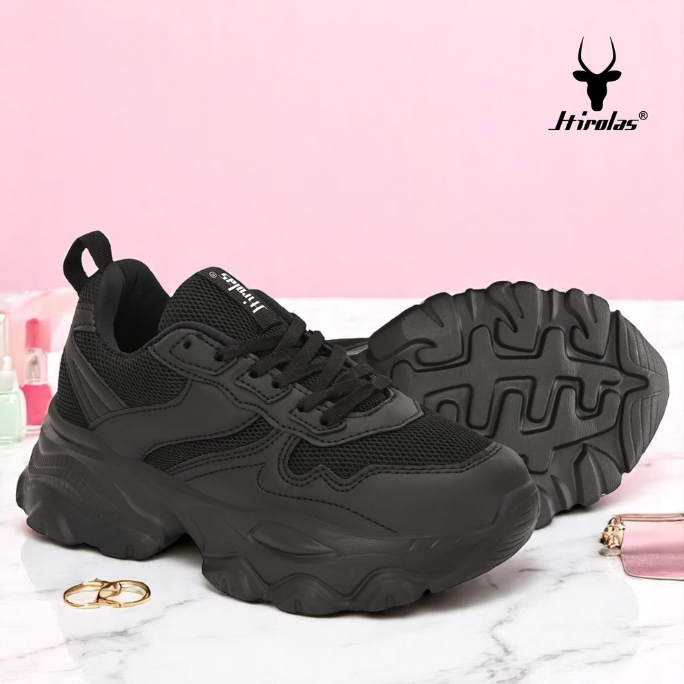 Chunky Mesh & Synthetic Black Sports Shoes for women Regular