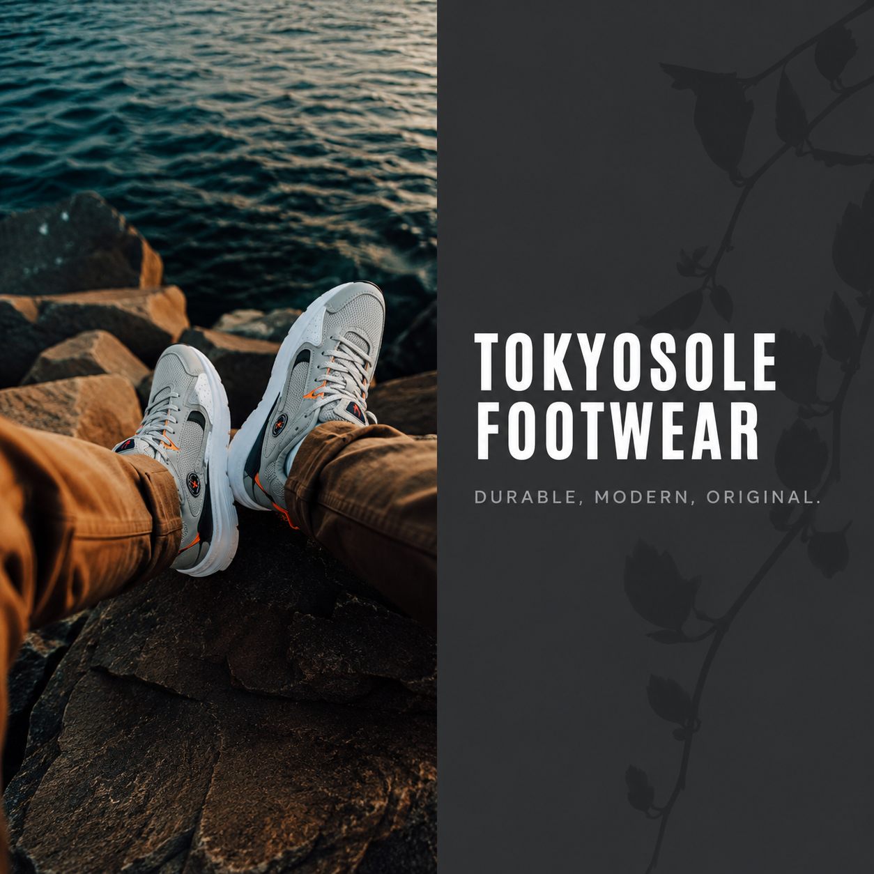Person wearing white sneakers with 'TOKYOSOLE FOOTWEAR' branding by a body of water.