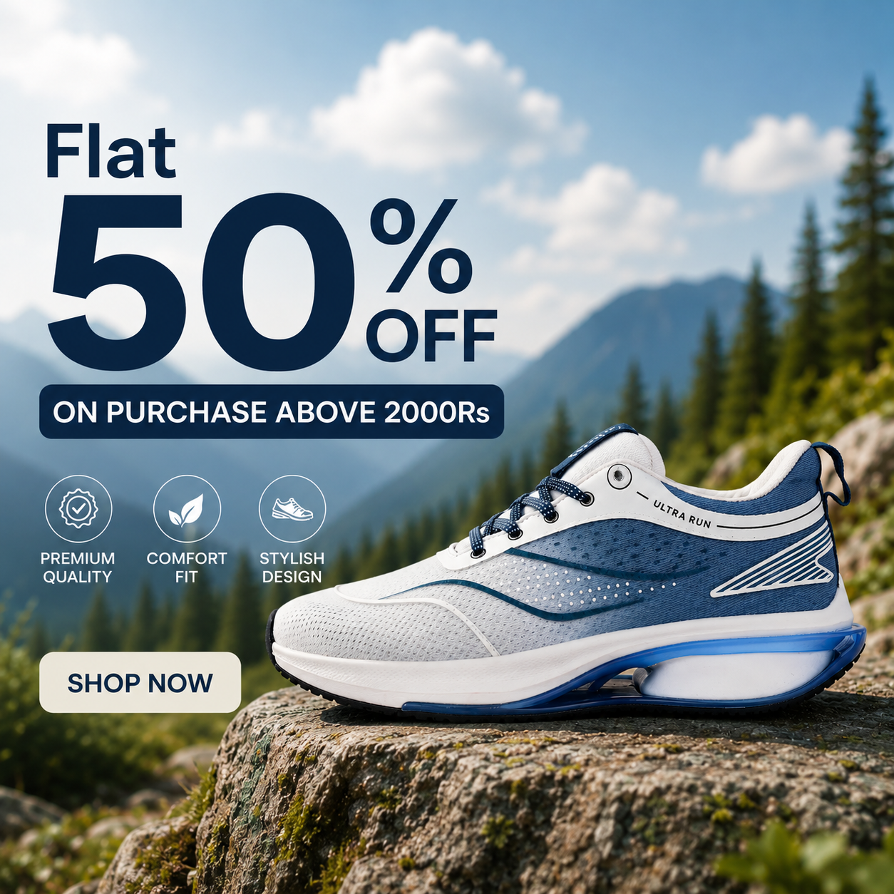 White and blue running shoe on a rock with a mountainous background, promotional text for 50% off.