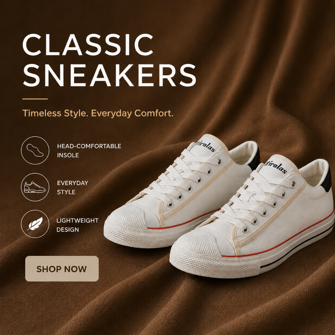 White sneakers with red accents on a brown fabric background, featuring text about the shoes' features and a 'Shop Now' button.